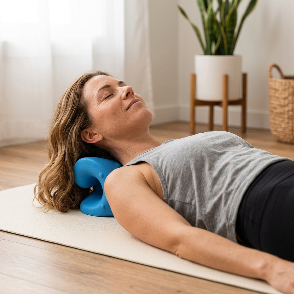 Woman lying on a mat with the Aligno Relax blue neck stretcher