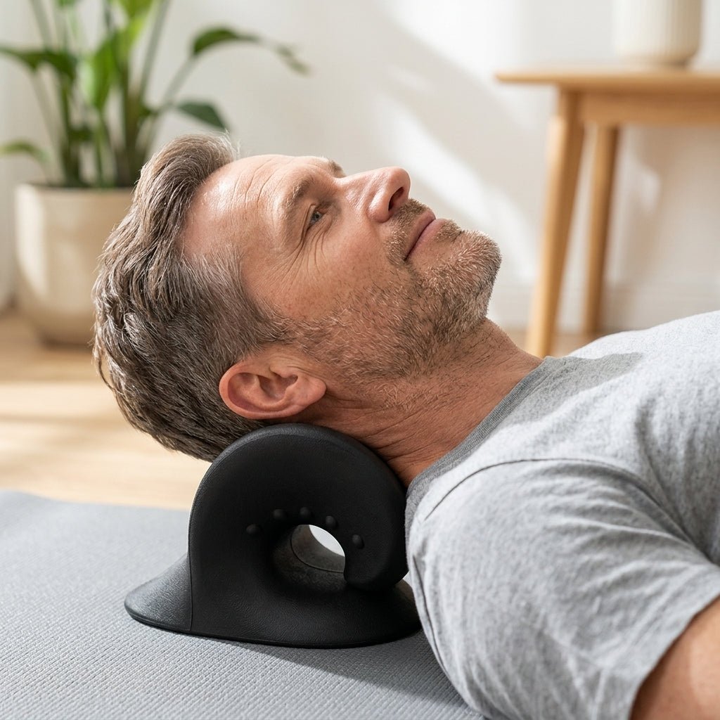 Man lying on a mat with the Aligno Relax black cervical neck stretcher