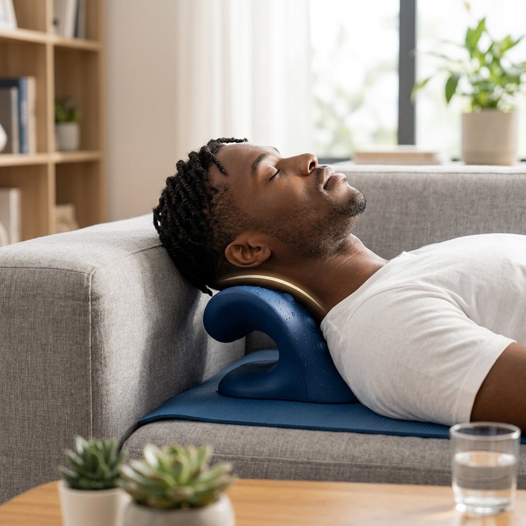 Man relaxing on a sofa with the Aligno Relax navy neck stretcher