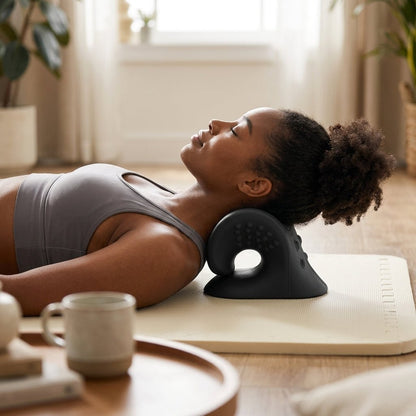 Woman relaxing on a mat with the Aligno Relax black neck stretcher