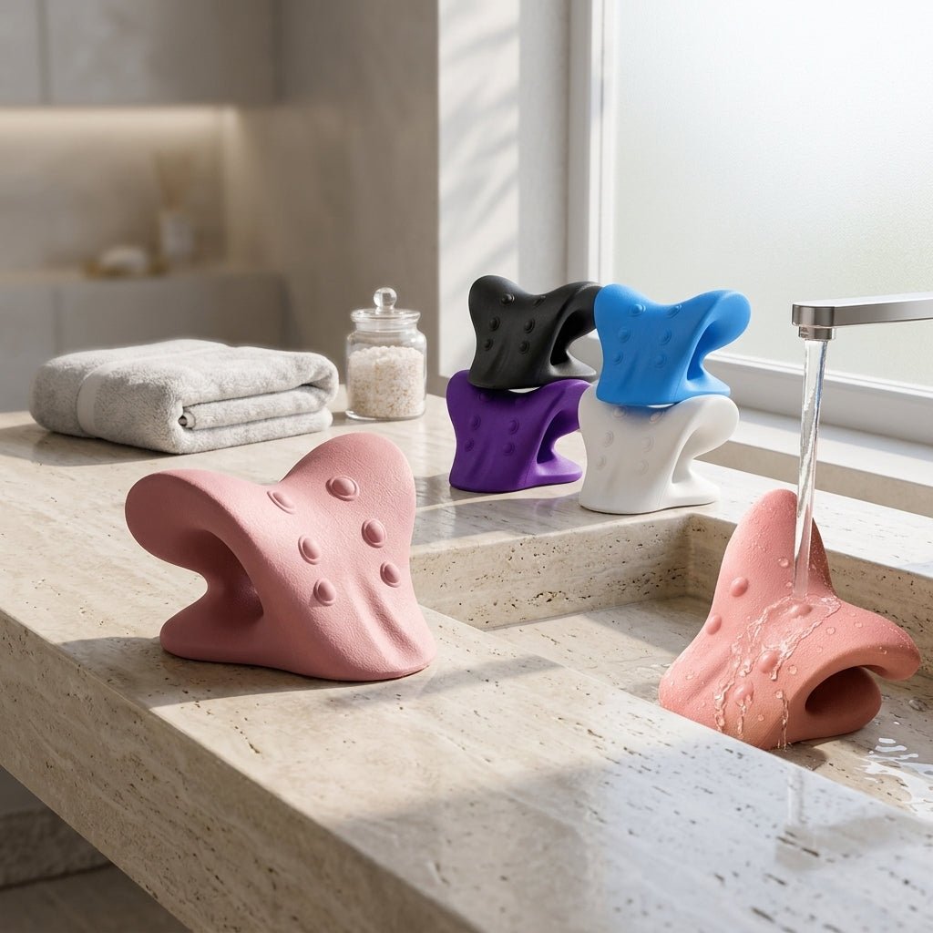 Aligno Relax neck stretchers in several colors beside a bathroom sink, easy to wash