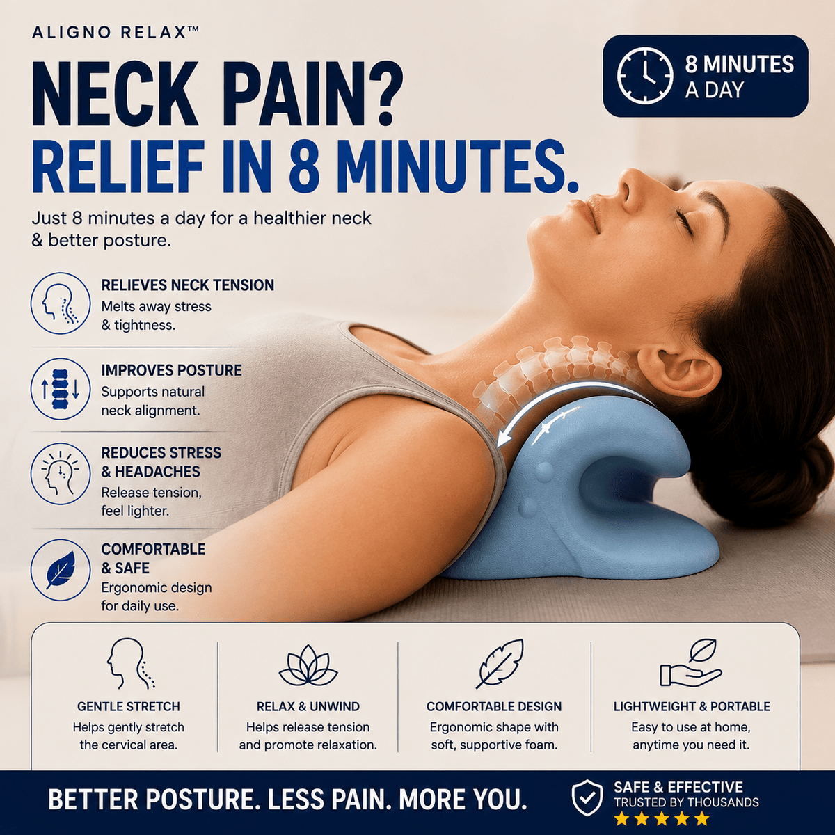 Woman lying back on the Aligno Relax blue neck stretcher