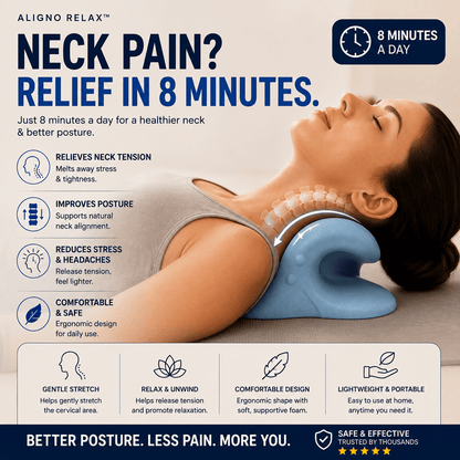 Woman lying back on the Aligno Relax blue neck stretcher