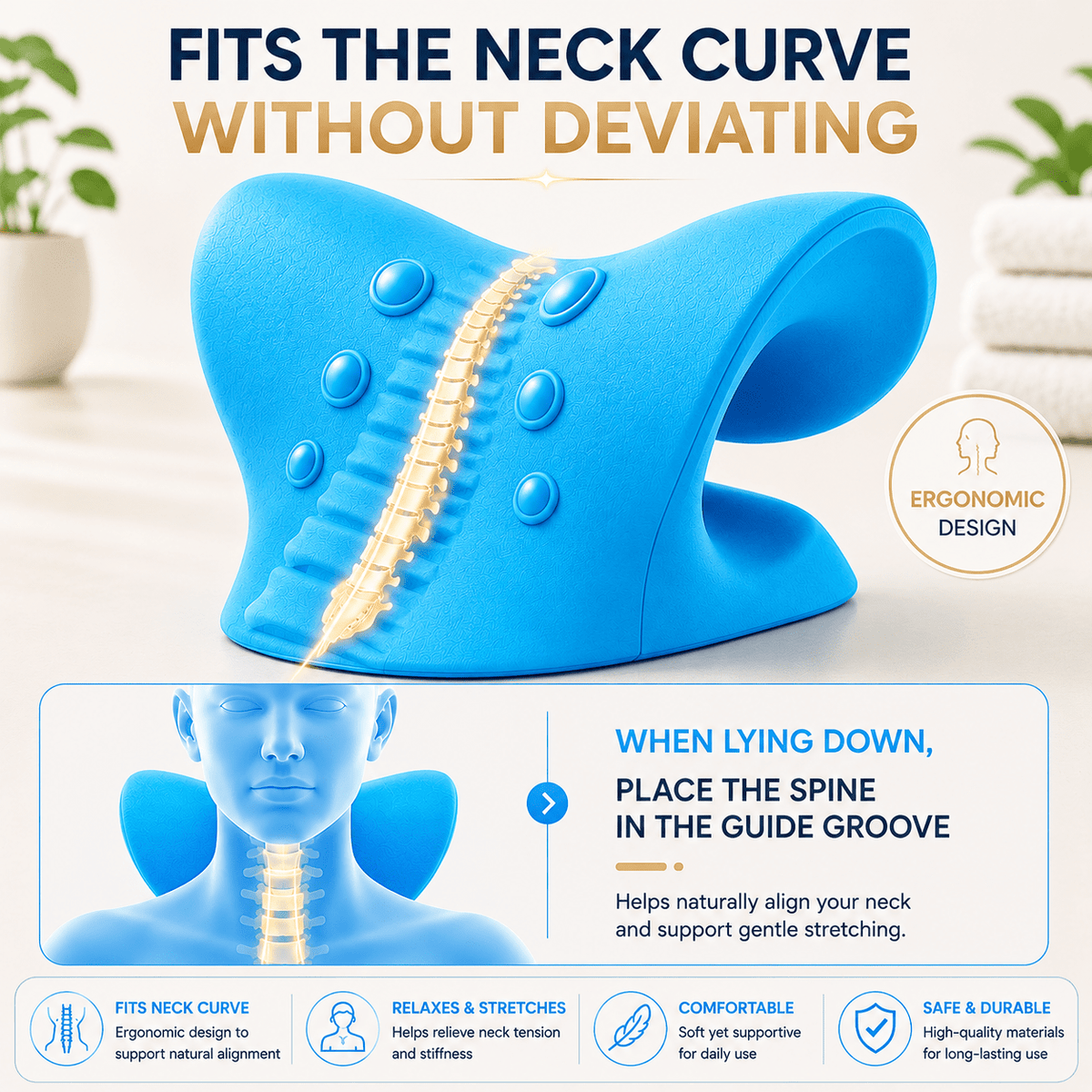 Aligno Relax blue ergonomic neck stretcher designed to fit the curve of the neck