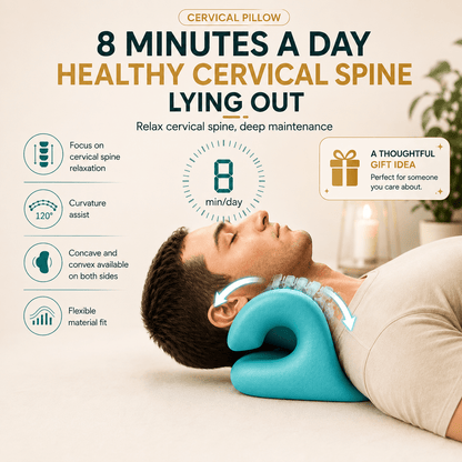 Man lying down with the Aligno Relax teal neck stretcher, a gift idea for people who work at a screen